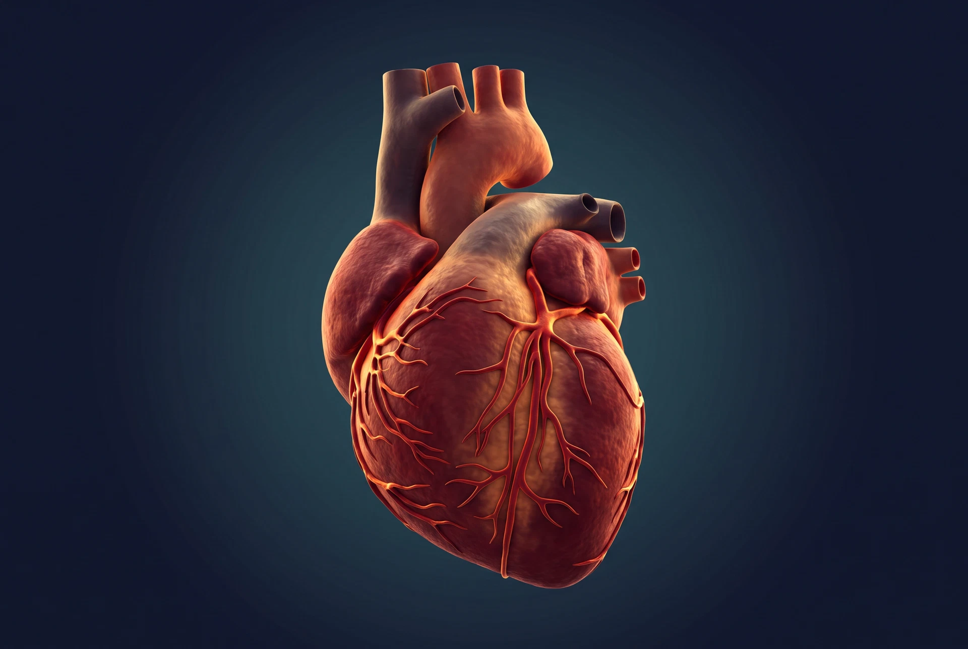 Illustration anatomique réaliste des artères coronaires à la surface du muscle cardiaque.